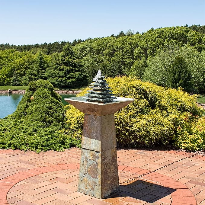 Sunnydaze 40-Inch Slate Outdoor Water Fountain - Layered Pyramid Outdoor Water Feature with LED Lights for Patio, Deck, Garden