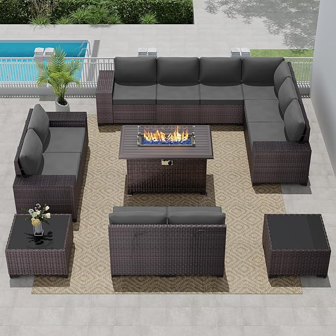 Outdoor Patio Furniture Set with Propane Fire Pit Table, 13 Pieces Outdoor Furniture Patio Sectional Sofa Conversation Sets w/ETL Approved 43" Gas Outdoor Fire Table & Coffee Table (Grey)