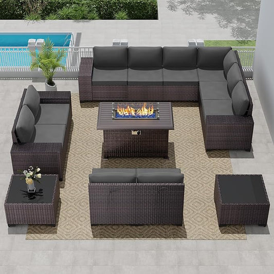 Outdoor Patio Furniture Set with Propane Fire Pit Table, 13 Pieces Outdoor Furniture Patio Sectional Sofa Conversation Sets w/ETL Approved 43" Gas Outdoor Fire Table & Coffee Table (Grey)