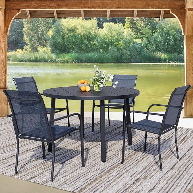 5 Pieces Round Dining Table Set for 4, Patio Dining Set Includes 4 Dark Blue Stackable Patio Chairs and 1 Black Round Table, Patio Furniture Setss with Sling Support for Outside, Garden