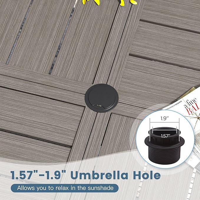 DIFY 59.8" Round Outdoor Patio Dining Table for 8-10, All-Weather Metal Steel Slatted Patio Table with 1.57" Adjustable Umbrella Hole, for Lawn Garden Porch Backyard, Grey Wood-Like