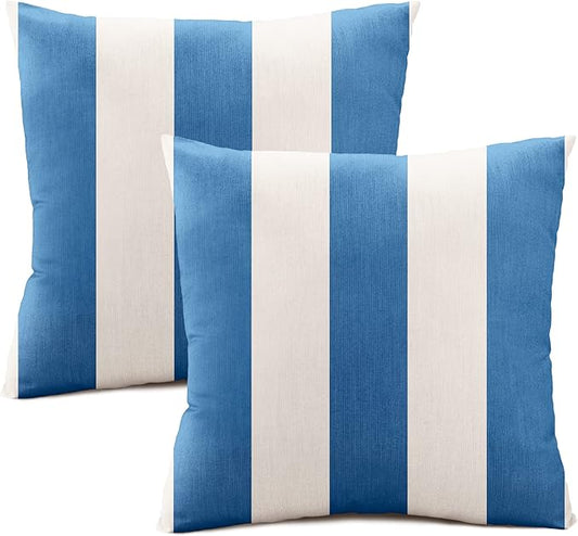 Austin Horn Classics Sunbrella Cabana Stripe White/Blue, Knife Edge, Zippered Opening, 24-inch Pillow Cover (Set of 2), No Insert Included