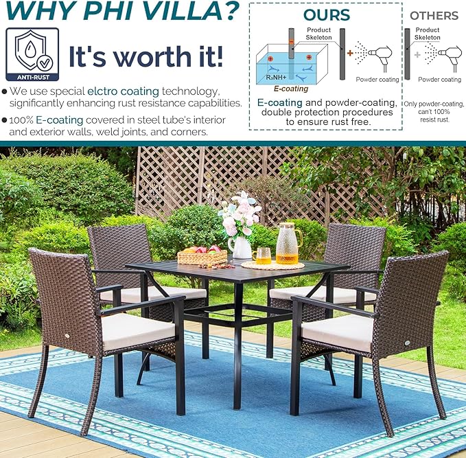 PHI VILLA 5 Piece Outdoor Dining Set for 4, 37" Square Metal Dining Table & 4 Cushioned Rattan Wicker Chairs for Patio, Deck, Yard, Porch
