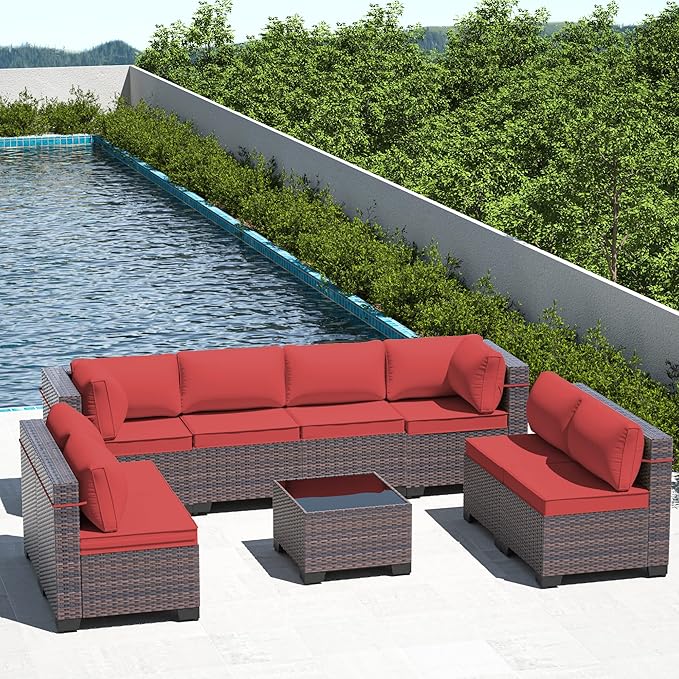 Outdoor Patio Furniture Set, 9 Pieces Outdoor Furniture All Weather Patio Sectional Sofa PE Wicker Modular Conversation Sets with Coffee Table,8 Chairs & Seat Clips(Red)