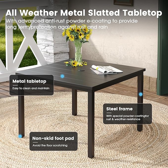 DIFY 5 Pieces Outdoor Patio Dining Set for 4, 40.2" Black Metal Square Dining Table and 4 Blue Textilene Swivel Dining Chairs, Outdoor Table and Chairs