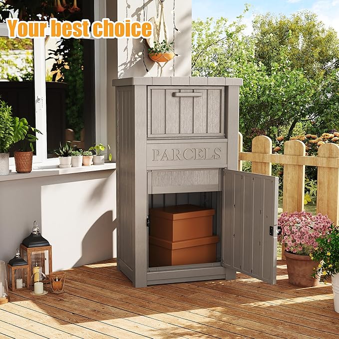 Package Delivery Box,Storage Box with Lockable Secure,Double-Wall Resin Outdoor Package Delivery and Waterproof Deck Box for Porch, Curbside (Grey)