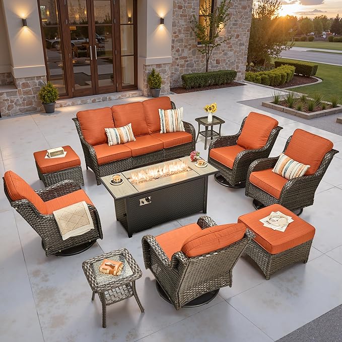 ovios 10 Pieces Patio Furniture Set, Outdoor Wicker Sofa Couch with Swivel Chairs 54" Fire Pit Table, High Back All Weather Modern Conversation Sets, Brown Rattan, Orange Red