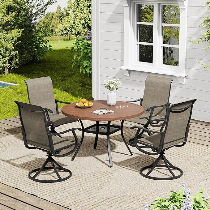 VICLLAX 5 Pieces Outdoor Dining Set, Patio Furniture Set of 4 Patio Swivel Dining Chairs and 41" Patio Round Table with Storage Shelf, Mixed Brown Chairs & Walnut Tabletop