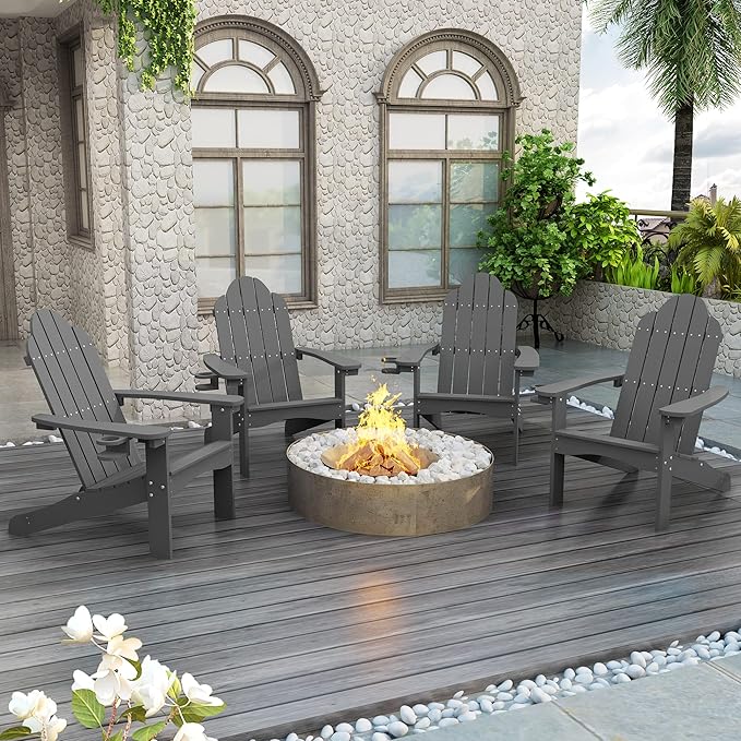 LUE BONA HDPS Adirondack Chairs Set of 6, Fire Pit Outdoor Chair Weather Resistant with Cup Holder, Modern Plastic Chair Plastic for Patio, Deck, Proch, 350LBS, Dark Gray