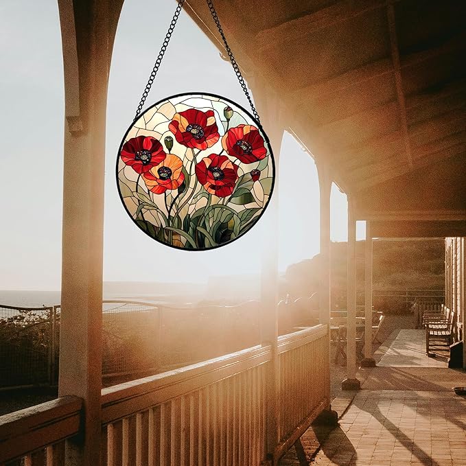 Stained Glass Window Hanging - Red Wildflowers Suncatcher for Door Garden Yard Flowers Sun Catchers Decor Christmas Mother's Day Birthday Gifts for Women Mom Nana Friend Men 15 in