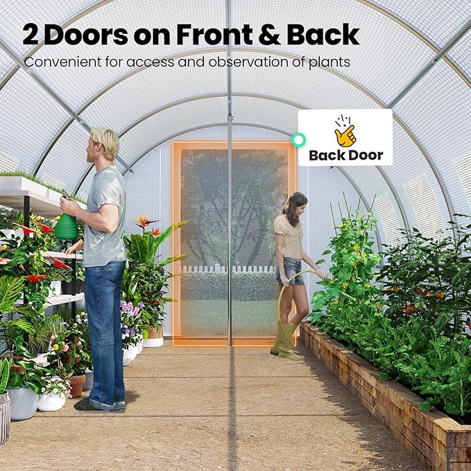 KING BIRD Premium 20x10x6.6FT Greenhouse for Outdoors, Large Walk-in Upgraded Galvanized Metal Frame, Mesh Door Screen Window Improved Zipper Tunnel Hoop for Garden Plant Winter, 2 Stiffeners, White