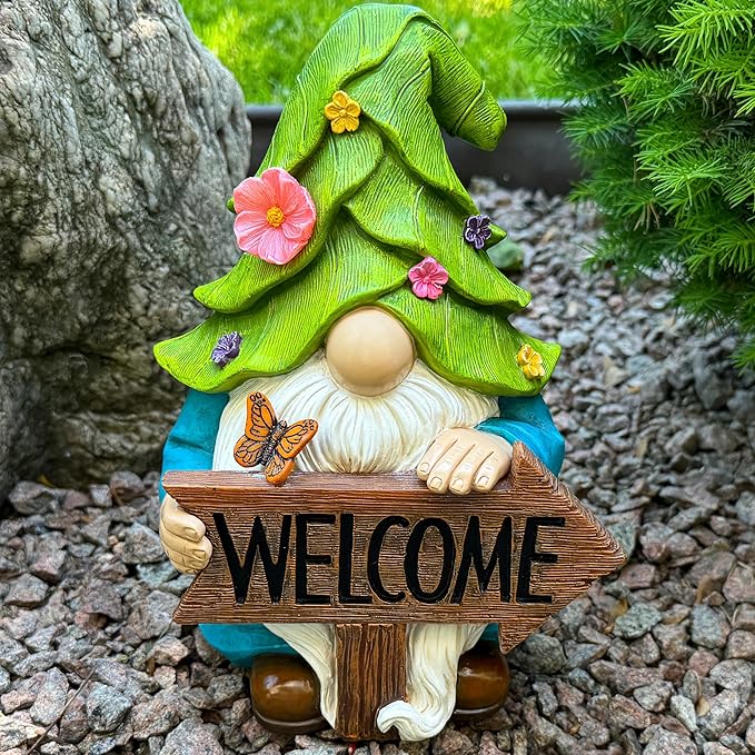Mood Lab Garden Gnome - Solar Gnome Figurine with Welcome Sign - 9.1 Inch Decor Outdoor Lawn Statue with LED Lights