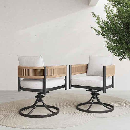 Grand patio Outdoor Dining Chair Set of 2, 2 Pieces Patio Dining Chairs, Metal Woven Wicker Swivel Patio Chairs with Light Beige Cushions for Backyard, Deck, Garden, Porch, Lawn and Poolside (Natural)