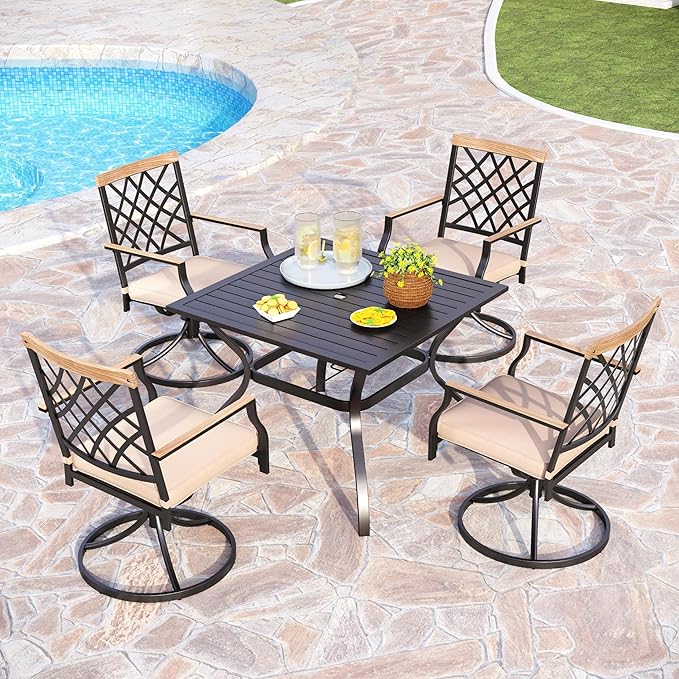 PHI VILLA 5-Piece Outdoor Dining Set, 4 Steel Metal Swivel Patio Chairs & 1 Square Dining Table, Wood-Like Pattern Armrest