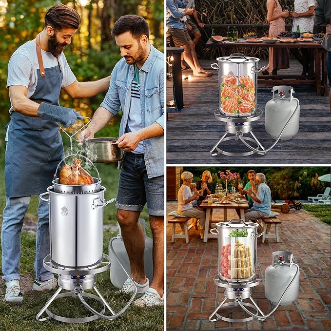 ARC 32QT Stainless Steel Turkey Fryer Pot and Burner Kit,Propane Burners for Outdoor Cooking, Tamale Steamer Pot with basket, and steamer rack. Great for Seafood boil, Crawfish Boil, Home Brewing