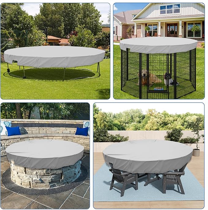 ECOOPTS 12 ft Waterproof Round Polyester Pool Cover for Above Ground Pools, Swimming Pool Cover Protector Winter Safety Cover (Light Grey)
