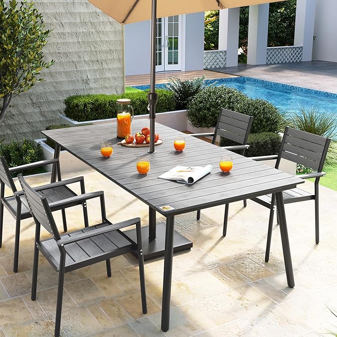 Outdoor Dining Table for 6-8, 82.7 inch Patio Dining Table with Wooden-Like Top and Aluminum Frame, Rectangular Table with Umbrella Hole Outdoor Furniture, Grey