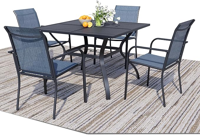 5 Pieces Sqaure Dining Table Set for 4, Patio Dining Set Includes 4 Blue Stackable Patio Chairs and 1 Black Mesh Square Table, Patio Furniture Sets with Sling Support for Outside, Garden