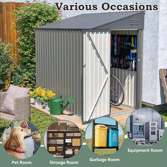 4x7 FT Lean to Shed with Single Lockable Side Door, Outdoor Metal Storage Shed, Sloping Roof Galvanized Utility Steel Tool Shed for Garden, Patio, Lawn & Backyard