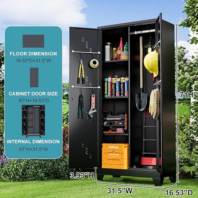 71" Metal Tools Storage Cabinet with Doors and Shelves, Outdoor Storage Sheds with Lock, Black Cleaning Supplies Organization Cabinet with Hanging Rod for Garage, Outdoor,