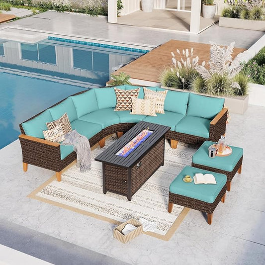 GREEN PARTY 8 Pieces Wicker Patio Furniture Set with 56" Fire Pit Table, All-Weather Outdoor Rattan Patio Half-Moon Curved Sectional Sofa Conversation Set with 4" Thick Cushions for Garden (Blue)