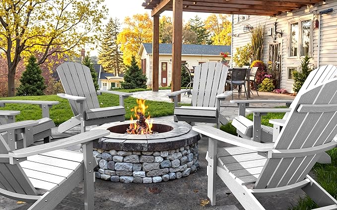 YEFU Adirondack Chair Weather Resistant: Outdoor Chair HIPS Plastic Adirondack Chairs - Patio Chairs with Wood Texture - Lawn Fire Pit Deck Porch Garden Chairs for Adults (White)