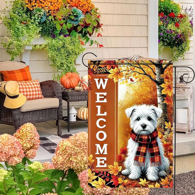 Thanksgiving Fall Garden Flag 12x18 Inch Welcome West Highland White Terrier Dog Outdoor Flag Double Sided Autumn Yard Banner with Plaid Scarf and Leaves Decor for Porch Lawn Patio