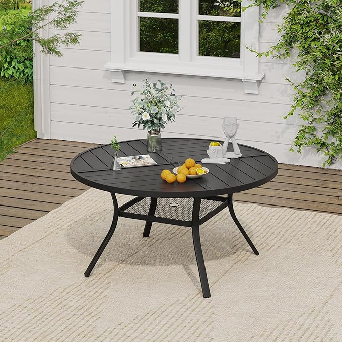 VICLLAX Outdoor Patio Round Dining Table, 47.2"x 47.2" Spliced Metal Tabletop with Storage Shelf for Deck Lawn Garden Backyard, Black