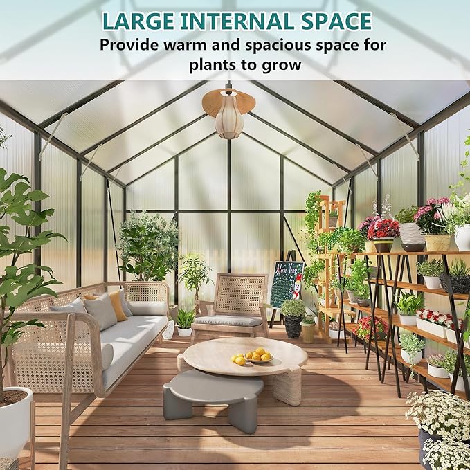 Greenhouse for Outdoors 8x10x7.8FT, Polycarbonate Greenhouse with Stronger Wind Protection and Roof Vent, Walk-in Large Aluminum Sunroom Winter Proof, Black