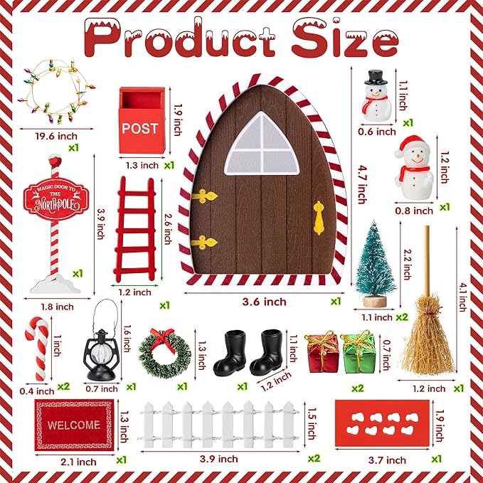 Haooryx Christmas Magic Wooden Miniature Fairy Doors Accessories - 22Pcs Christmas Elf Magic Door for Wall Fairies Magical Door Decoration Christmas Party Outdoor Xmas Decor (Red & White Border)