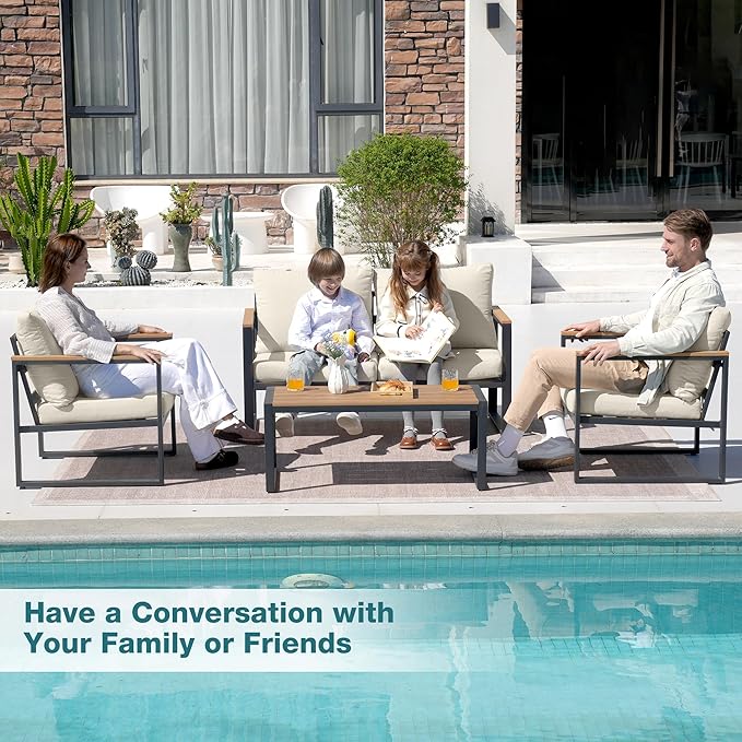 Patio Furniture Set, 4 Pieces Outdoor Patio Furniture with Coffee Table Set, Metal Patio Conversation Sets with Washable and High-Resiliency Sponge Cushions, Upgarded Beige