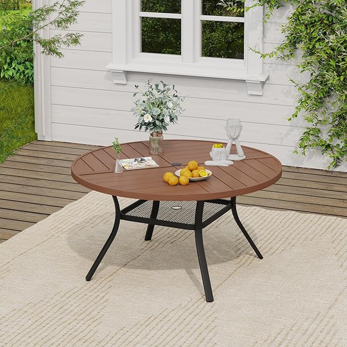 VICLLAX Outdoor Patio Round Dining Table, 47.2"x 47.2" Spliced Metal Tabletop with Storage Shelf for Deck Lawn Garden Backyard, Walnut