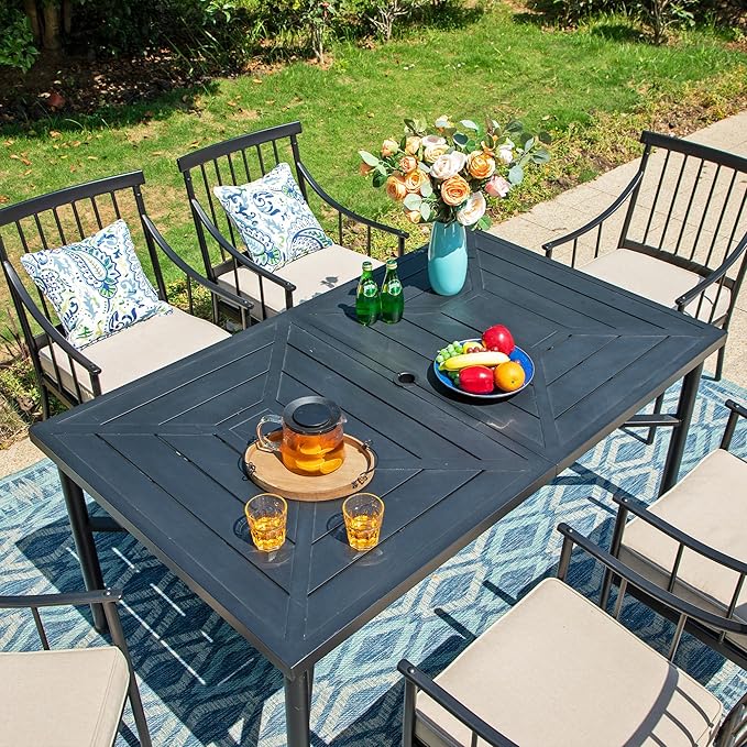 Sophia & William 7 Pieces Metal Patio Dining Set, Rectangle Outdoor Table of 1.77" Umbrella Hole and 6 Armchairs with Seat Cushions, Outdoor Conversation Furniture for Porch Backyard Balcony Deck