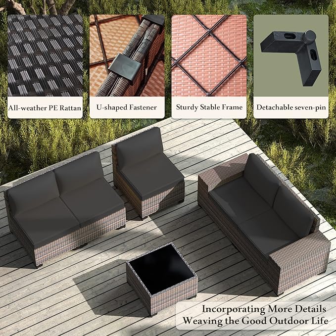 Outdoor Patio Furniture Set, 12 Pieces Outdoor Furniture All Weather Patio Sectional Sofa PE Wicker Modular Conversation Sets with Coffee Table,10 Chairs & Seat Clips(Black)