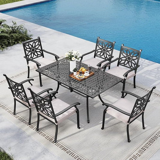 MFSTUDIO Cast Aluminum Patio Dining Set, Retro Design Outdoor Table and Chairs Set with 6×Extra Wide Dining Chair and 1×63" Rectangular Patio Table, Outdoor Dining Set of 6