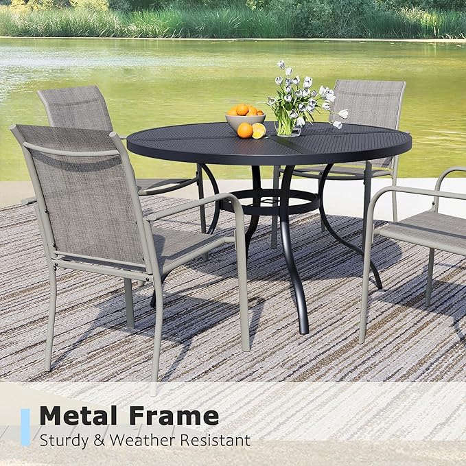 5 Pieces Round Dining Table Set for 4, Patio Dining Set Includes 4 Grey Stackable Patio Chairs and 1 Black Mesh Round Table, Patio Furniture Sets with Sling Support for Outside, Garden