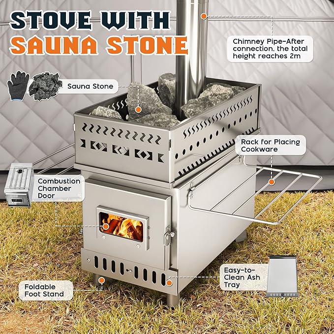 Albott Outdoor Sauna Tent, Portable Wood Burning with Stove, 4-6 Person Steam for Dry Sauna, Oxford Cloth & Carbon Steel Stove with Stone, 8.2’ x 8.2’ x 6.7’, Grey