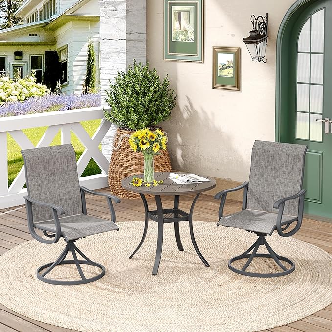 DIFY 3 Pieces Outdoor Patio Bistro Dining Set, 2 Grey Textilene Swivel Dining Chairs and 27.6" Grey Wood-Like Small Round Dining Table, Outdoor Table and Chairs