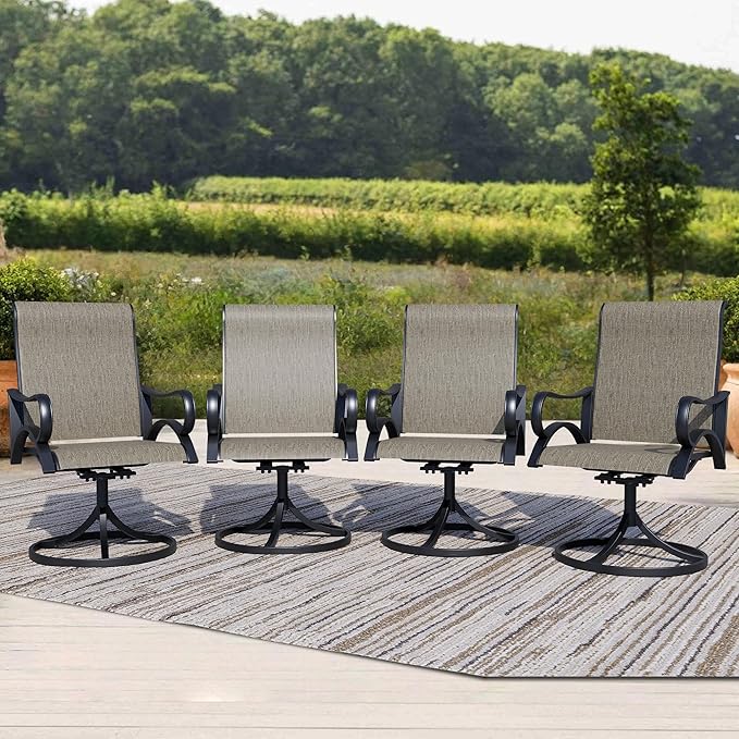 Outdoor Patio Swivel Dining Chairs Set of 4, All-Weather Swivel Rocker Chairs with Textilene High Back and Black Rust-Proof Metal Frame, Perfect for Patio, Lawn, Garden, or Backyard, Brown