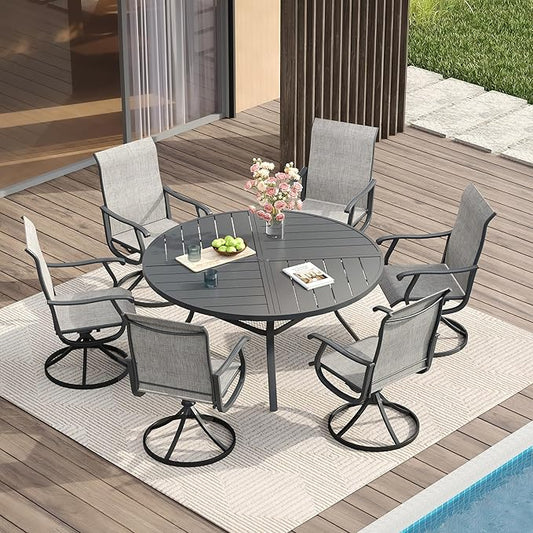 VICLLAX 7 Pieces Patio Dining Set for 6, Outdoor Furniture Set Includes 53" Outdoor Round Table and 6 Patio Swivel Chairs for Lawn Garden, Grey Tabletop and Grey Fabric