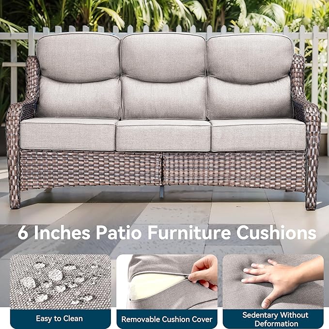 Luxury High Back Outdoor Furniture 6-Inch Thick Cushions with 50,000 BTU Gas Propane Fire Pit Tablet, Patio Furniture Set with Swivel Chairs, for Porch, Balcony, Deck and Yard