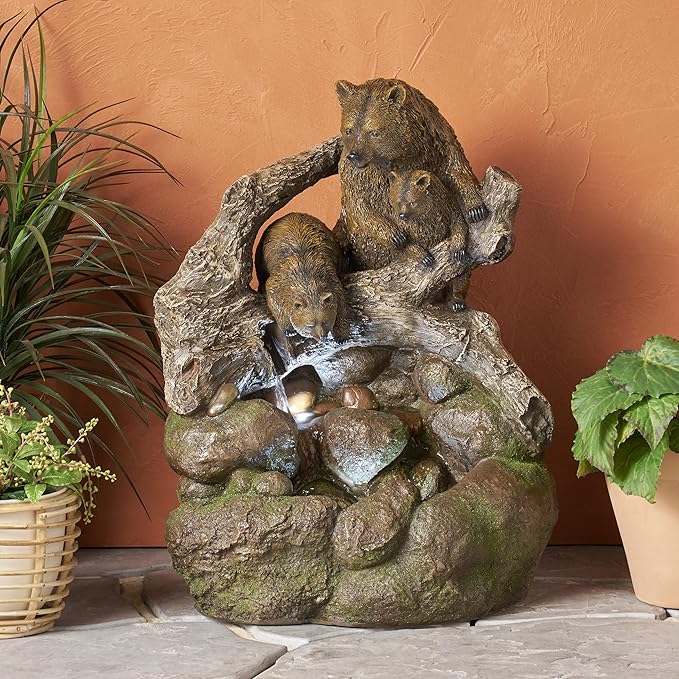 Merax 24.75" High Bear Family Fountain, Weather-Resistant Outdoor Water Feature with LED Lights, 2-Tier Waterfall for Garden Patio, Light Brown+Moss