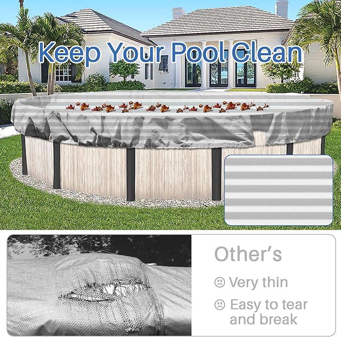 ECOOPTS 15 ft Round Pool Cover for Above Ground Pools, Swimming Pool Cover Protector Winter Safety Cover (Gray White Stripes)
