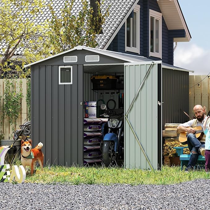 6x8 FT Sheds & Outdoor Storage,Steel Storage Shed with Lockable Doors and Window,Waterproof Garden Shed w/Roof Slope Design & Weather Versatility,Tool House for Storing Bicycles,Dark Gray