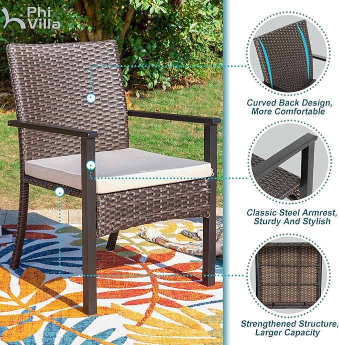 PHI VILLA 7 Pieces Expandable Cast Aluminum Outdoor Dining Set for 6, Extendable Metal Table with Umbrella Hole & Cushioned Wicker Chairs, Dining Furniture Set for Patio, Deck, Yard and Porch