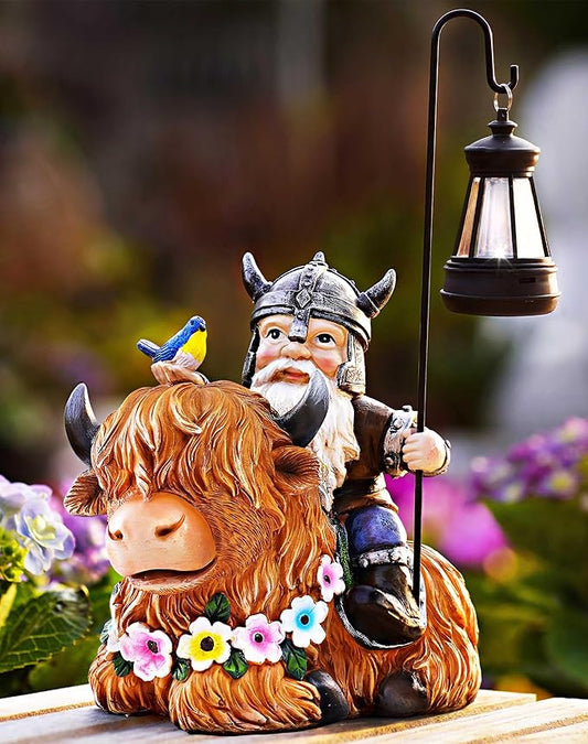 Garden Gnome Outdoor Statue 12 Inch Highland Cow Gnomes Decorations for Yard Patio Lawn Porch Birthday for Women, Mother’s Day, Housewarming with Solar Light Funny Decor for Outside