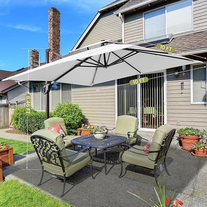 10x10 FT Cantilever Patio Umbrella with Base Included Double Top Outdoor Square Large Heavy Duty Aluminum Offset Umbrellas with 7 Level Tilt 360-degree Rotation for Pool Garden Deck,Fog Grey