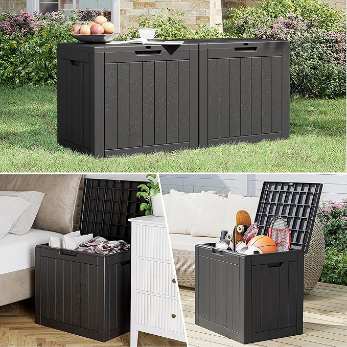 KAMABOKO Deck Box, 35 Gallon Resin Indoor and Outdoor Storage Boxes Waterproof for Garden Tools, Pool Accessories Storage Bench, Patio Furniture and Cushions with Lockable Lid, Black
