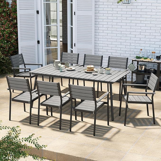 Aluminum 70 Inch Patio Outdoor Dining Table for 6, Umbrella Hole & Wood-Like Top, All-Weather Deck & Backyard Table