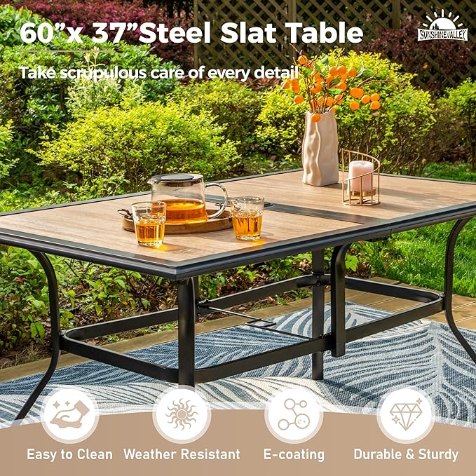 7 Pcs Patio Dining Set for 6, Rectangular Metal Dining Table (PVC Table Top) with Umbrella Hole and 6 Chairs, Outdoor Dining Set for Lawn Garden Deck, Red